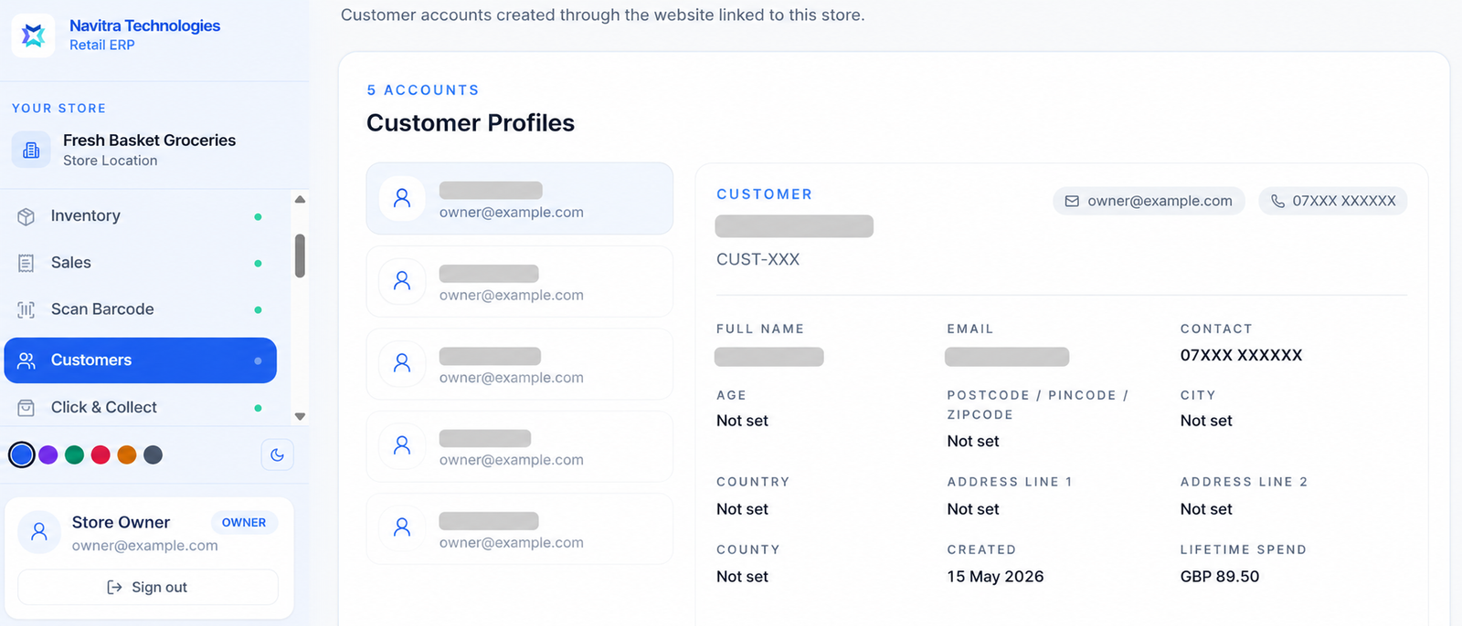 Customer management screen